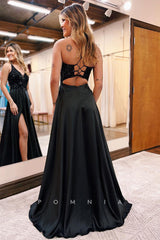 P1255 - Deep V-Neck Straps A-Line Top Sequined Split Prom Party Dress with Pockets