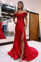 P1256 - Off-Shoulder Scoop High Slit Satin Mermaid Evening Prom Dress