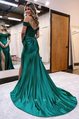 P1256 - Off-Shoulder Scoop High Slit Satin Mermaid Evening Prom Dress