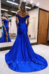 P1256 - Off-Shoulder Scoop High Slit Satin Mermaid Evening Prom Dress