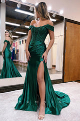 P1256 - Off-Shoulder Scoop High Slit Satin Mermaid Evening Prom Dress