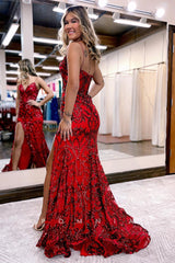 P1257 - Luxurious Spaghetti Straps V-Neck Appliques Mermaid Prom Dress with Slit