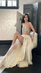 Modest 2 Pieces Strapless Long Champagne Tulle Prom Dresses P1258