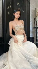 Modest 2 Pieces Strapless Long Champagne Tulle Prom Dresses P1258
