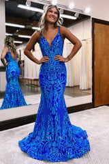 P1259 - Plunging V-Neck Straps Sequins Appliques Mermaid Prom Evening Dress