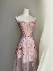 Fairy A line Straps Long Pink Lace Prom Dresses P1260