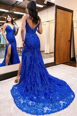 P1260 - Spaghetti Straps V-Neck Appliques  High Split Evening Prom Dress