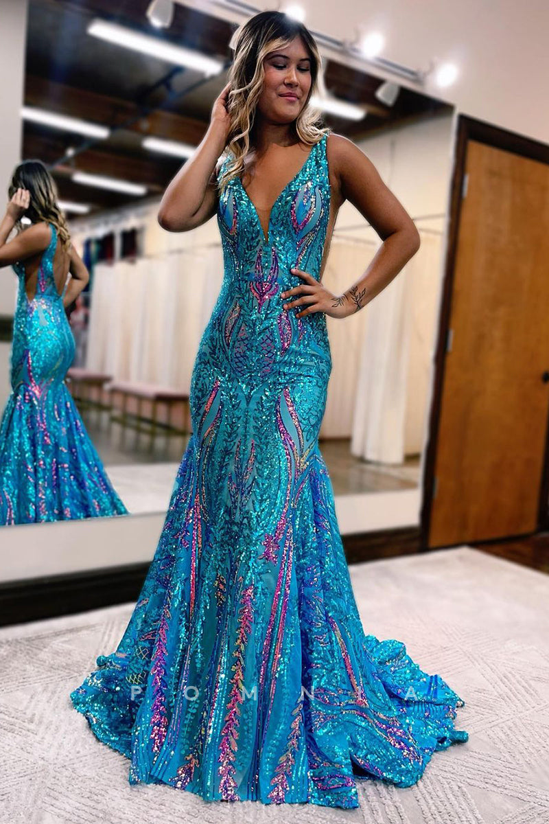 P1261 - Mermaid Iridescent V-Neck Appliques Sleeveless Prom Party Dress