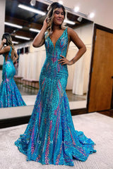 P1261 - Mermaid Iridescent V-Neck Appliques Sleeveless Prom Party Dress
