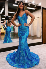 P1262 - Sexy/Fitted V-Neck Appliques Sleeveless Mermaid Long Prom Dress
