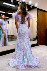 P1263 - Off-Shoulder V-Neck High Slit Appliques Feathers Prom Evening Dress
