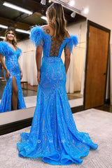 P1263 - Off-Shoulder V-Neck High Slit Appliques Feathers Prom Evening Dress