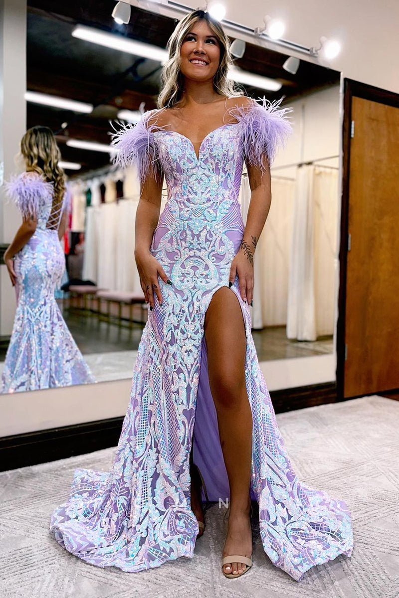 P1263 - Off-Shoulder V-Neck High Slit Appliques Feathers Prom Evening Dress