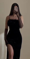 Simple Mermaid Straps Long Slit Black Feather Prom Dresses P1263