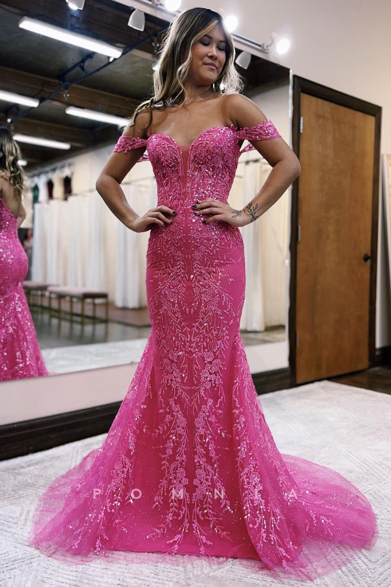 P1265 - Sweetheart Lace Appliques Strapless Mermaid Prom Party Dress with Train