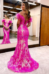 P1266 - Mermaid Strapless Appliques V-Neck Feathers Prom Evening Dress