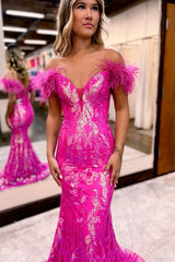 P1266 - Mermaid Strapless Appliques V-Neck Feathers Prom Evening Dress