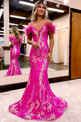 P1266 - Mermaid Strapless Appliques V-Neck Feathers Prom Evening Dress