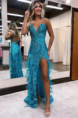 P1267 - Spaghetti Straps Feathers Appliques Sheath Prom Party Dress with Slit