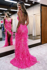 P1267 - Spaghetti Straps Feathers Appliques Sheath Prom Party Dress with Slit