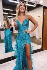 P1267 - Spaghetti Straps Feathers Appliques Sheath Prom Party Dress with Slit