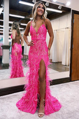 P1267 - Spaghetti Straps Feathers Appliques Sheath Prom Party Dress with Slit
