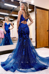P1269 - Spaghetti Straps V-Neck Sparkly Appliques Mermaid Prom Evening Dress