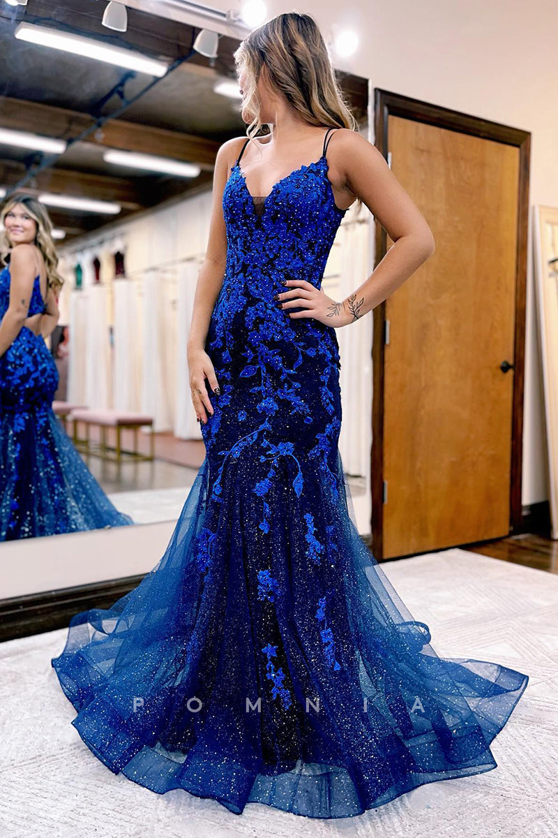 P1269 - Spaghetti Straps V-Neck Sparkly Appliques Mermaid Prom Evening Dress