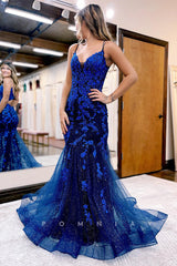 P1269 - Spaghetti Straps V-Neck Sparkly Appliques Mermaid Prom Evening Dress