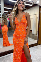 P1270 - Stunning Straps V-Neck Appliques Long Sheath Prom Party Dress with Split