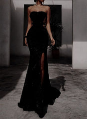 Mermaid Strapless Long Black Sequin Prom Dress P1271