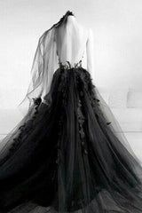 A line Long Black Tulle Lace Prom Dress P1272