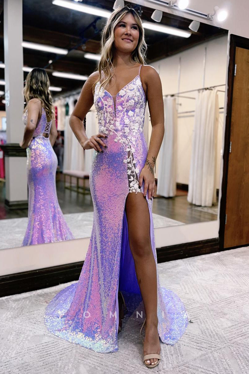 P1276 - Glitter Low V-Neck Appliques High Split Evening Party Prom Dress