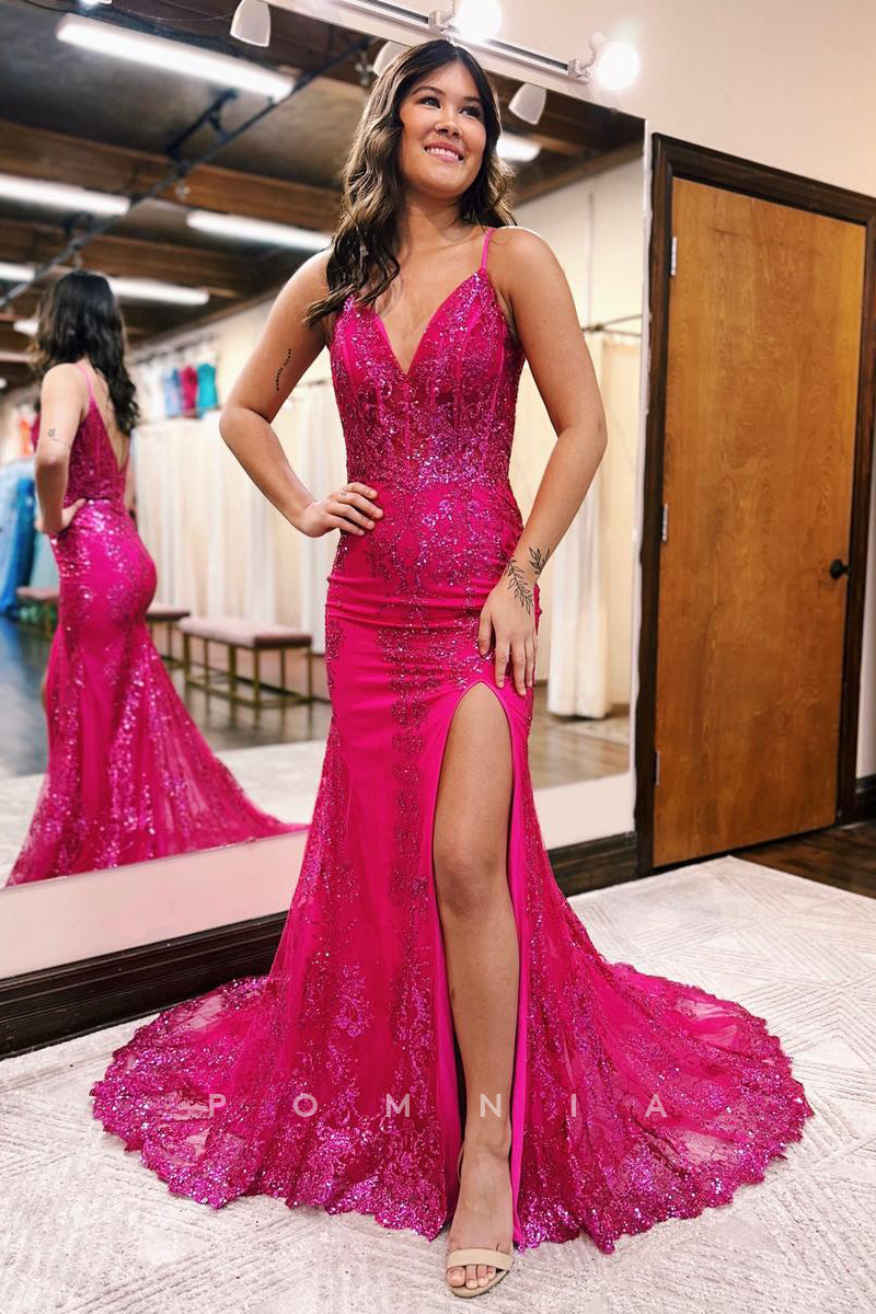 P1277 - Glamorous V-Neck Appliques Left Slit Mermaid Evening Formal Prom Dress
