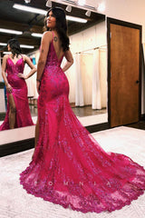 P1277 - Glamorous V-Neck Appliques Left Slit Mermaid Evening Formal Prom Dress