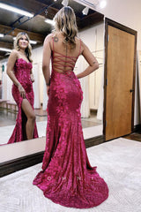 P1278 - Spaghetti Straps Sweetheart Lace Appliques Prom Formal Evening Dress with Slit