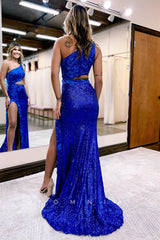 P1280 - One Shoulder Appliques Left Split Sleeveless Prom Party Evening Dress