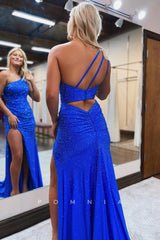 P1281 - One Shoulder Rhinestones High Slit Pleats Sleevekess Evening Party Dress