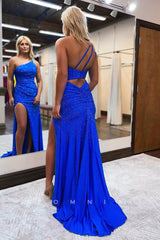 P1281 - One Shoulder Rhinestones High Slit Pleats Sleevekess Evening Party Dress
