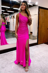 P1281 - One Shoulder Rhinestones High Slit Pleats Sleevekess Evening Party Dress
