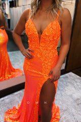 P1282 - Stunning V-Neck Spaghetti Straps Appliques Glitter Prom Party Dress with Slit