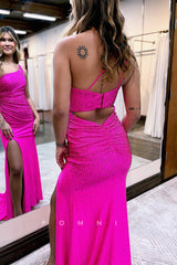 P1281 - One Shoulder Rhinestones High Slit Pleats Sleevekess Evening Party Dress