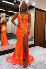 P1282 - Stunning V-Neck Spaghetti Straps Appliques Glitter Prom Party Dress with Slit