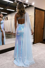 P1283 - One Shoulder Sleeveless Sequined High Slit Evening Formal Prom Dress