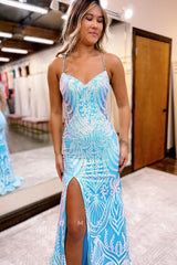 P1284 - Spaghetti Straps V-Neck Sequins Appliques Evening Prom Dress with Slit