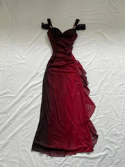 Vintage Shiny Burgundy Sheath Chiffon Shoulder Strap Design Long Prom Dress Evening Dress HZ1024