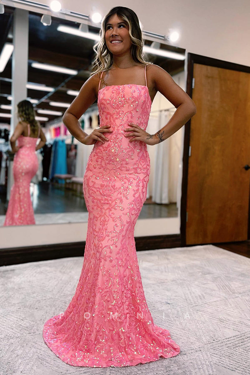 P1285 - Mermaid Spaghetti Straps Square Appliques Sleeveless Prom Party Dress