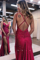 P1288 - Fitted Straps V-Neck Beads Pleats Prom Party Formal Dress with Slit