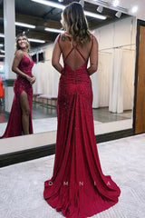 P1288 - Fitted Straps V-Neck Beads Pleats Prom Party Formal Dress with Slit