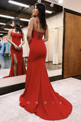 P1289 - Spaghetti Straps Mermaid Pleats Side Slit Simple Prom Evening Dress
